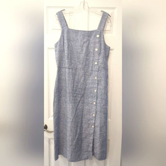 J.McLaughlin Leah Linen-Blend Midi chambray button front sleeveless Dress sz 14 - Picture 3 of 11